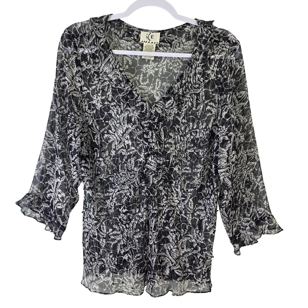 Vtg Ice All Silk Blouse XL Abstract Floral Sequin Ruffle Vneck Witchy Whimsigoth